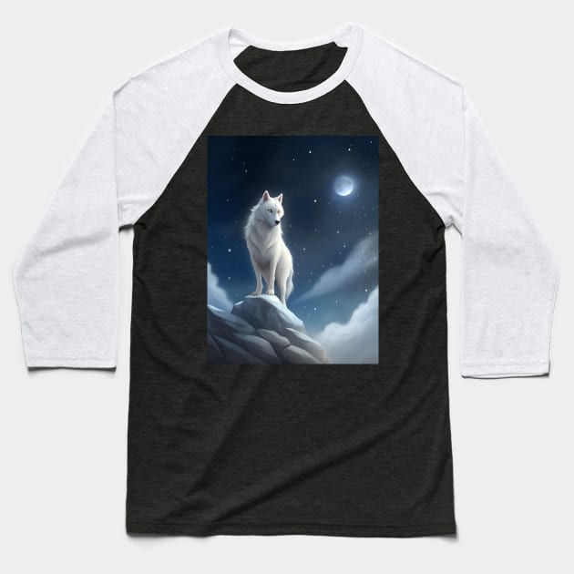 White Wolf Hunting Ground, Winter Mountain Icy Moon, Forest, Galaxy Beautiful gifts Novelty a Wolf portrait Watercolor Baseball T-Shirt by sofiartmedia